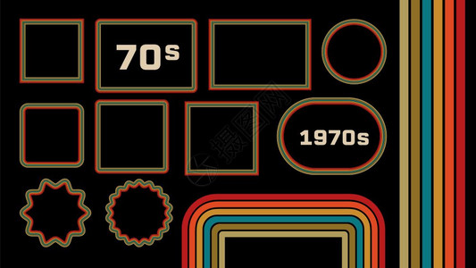 1970年代风格博物馆图片框矢量集趋势1970年代古老的艺术装饰边框具有多色线几何形状的反向背景70年代平面图具有复制空间图片