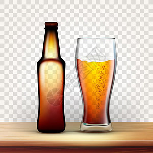 现实的瓶子和全杯红啤酒矢量泡沫饮料和木制桌上的谷布容器模拟空白贴纸透明网格背景上孤立的图像3d插图现实的瓶子和满杯红啤酒矢量图片