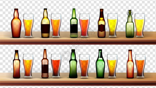 装有啤酒盒的瓶和杯子不同和杯装有空白标签的模型木制架上光和深啤酒杯在透明网格背景上孤立的图像3d插图装有啤酒瓶和杯子的不同和杯图片