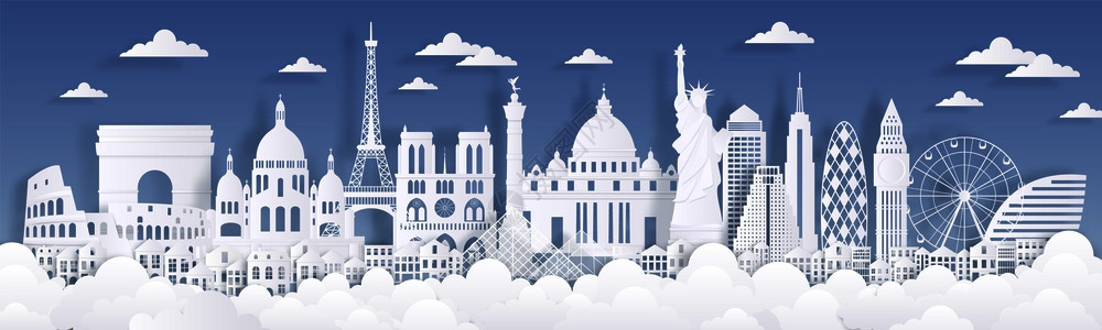 纸切路标旅行世界背景天线广告卡帕里斯隆登罗马大楼的环影矢量城市景观插图纸切路标旅行世界背景巴黎矢量城市风景图片