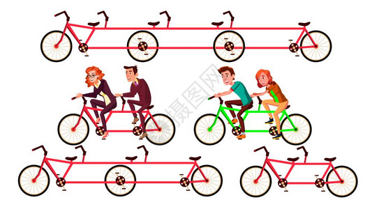 由字符设置矢量骑自行车朋友活动健康时间或联合工作旅行的byclue快乐笑的男女骑踏金特比克平板卡通插图骑自行车时由字符设置矢量骑图片
