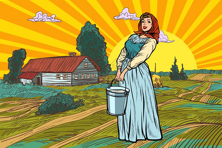 复古风提着一桶牛奶的农村妇女矢量插图高清图片