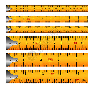黄色尺子测量磁带英寸磁带标尺厘米精确度工具轮盘长标记矢量孤立磁带测仪设置磁带仪插画