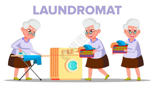 家用彩色平面漫画插图电气洗衣机设备矢量格老女人祖母在洗衣机里干穿着熨衣电气洗衣机设备矢量图片