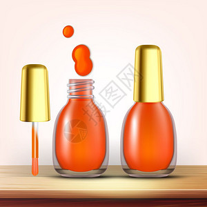 橙色指甲油女化妆品媒介的瓶子关闭和打开玻璃瓶子上面有金盖和背景上的天然化妆品时装手饰要素3d插图橙色指甲油女化妆品媒介的瓶子背景图片