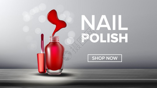 红指甲油产品玻璃瓶刷子和喷洒在妇女钉子上时装化妆品网站或页上描绘的灰色桌子上现实的三维插图红指甲油产品玻璃瓶图片