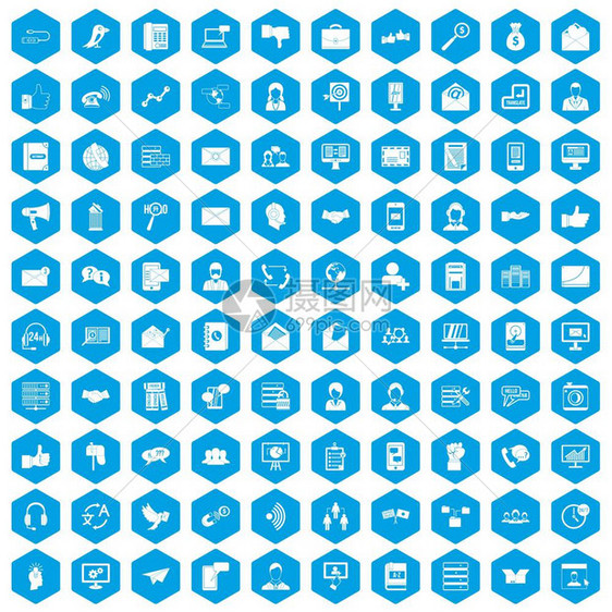10个互动图标组在蓝色六边形孤立矢量图中10个互动图标组在蓝色图片