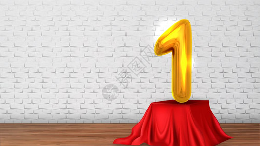 为胜利庆典矢量设计音乐厅桌上第1号金色气球覆盖红桌布木制音乐会场和背景砖墙现实的3d插图为胜利庆典矢量设计音乐厅图片
