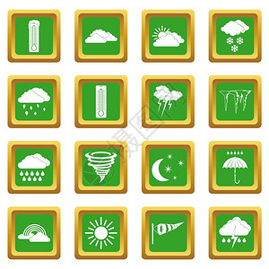 以绿色孤立矢量插图组的用于网络和任何设计的气象图标天设定置为绿色背景图片