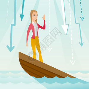 商业概念破产股价下跌经济危机金融风险下象征着商业破产矢量平面设计图方形布局商业女人站在船沉没中图片