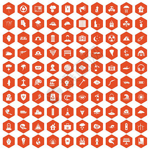10个灾害图标以橙色六边形孤立矢量说明式组图片