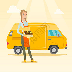 奶油蛋糕面包手持的年轻女商人蛋糕站在送货卡车的背景上矢量平板设计图方形布局矢量图图片