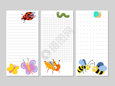 儿童笔记页和制作卡通昆虫系列表的儿童页矢量图示儿童笔记页和卡通昆虫列表图片