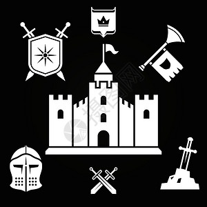 中世纪城堡环影和骑士故事元素孤立在黑色上矢量说明图片
