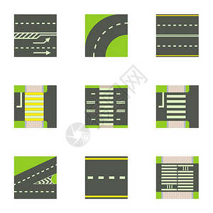 一套由9种道路矢量图标组成的漫画集用于白色背景孤立的网络各种道路图标集卡通风格图片