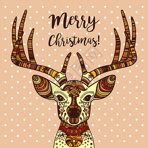 手画鹿头带有花饰快乐的圣诞节矢量说明图片