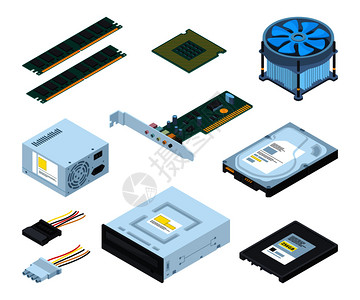 个人计算机的不同硬件零部矢量等图集内存和hd设备图示图片
