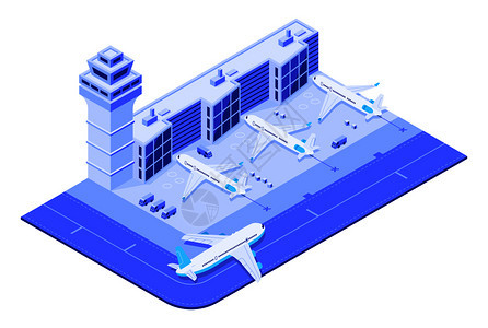 跑道喷气机飞行旅和交通控制塔国际机场飞行检查或机李安全门3d矢量示意图等度机场终端飞行旅和交通控制塔3d矢量示意图图片