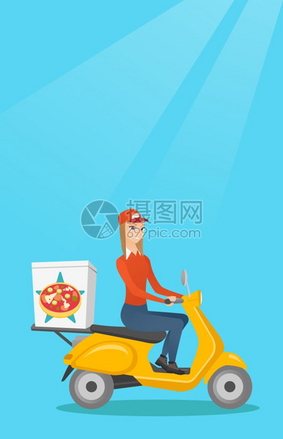 妇女用摩托车送披萨信使驾驶摩托车和送披萨服务员食品概念病媒平板设计图垂直布局妇女用摩托车送披萨图片