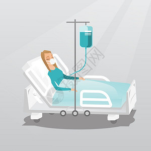 在医院床上躺着吸氧输液的女青年卡通矢量插画图片