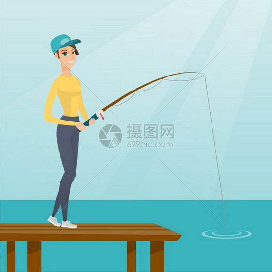 站在码头上拿着钓鱼杆钓鱼的女人图片