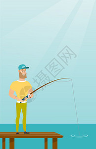 站在码头上拿着钓鱼杆钓鱼的男人图片