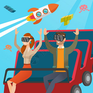 穿着虚拟现实头盔的年轻causin夫妇骑在过山车上参加虚拟现实眼镜的朋友在虚拟游乐公园玩得很开心矢量漫画插图广场布局穿着vr头盔图片