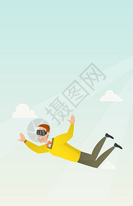 身着虚拟现实眼镜在天空中飞翔的年轻男子卡通矢量插画图片