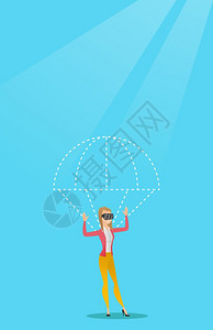 身着虚拟现实眼镜体验降落伞的女青年卡通矢量插画图片