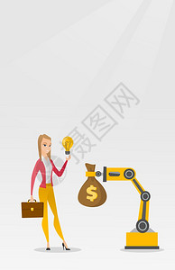 年轻causin商业女人出售机器手的工程理念快乐商业女人交换机器技术的理念以换取金钱袋矢量漫画插图垂直布局销售机器人手工程理念的背景图片