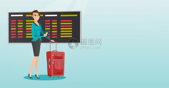 在机场等待航班和持有护照的年轻民航飞机乘客带着手提箱和护照站在机场的幸福妇女矢量漫画图横向布局持有护照的民航飞机乘客图片
