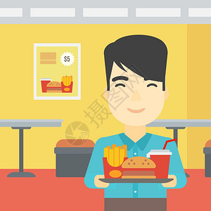 一位亚裔年轻人在咖啡馆背景上拿着满盘垃圾食品在快餐厅面带微笑的男人在快餐厅吃午的男人矢量平面设计图方形布局图片