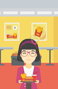 在快餐厅里微笑着的女人在快餐厅吃午的女人矢量平板设计图垂直布局背景图片
