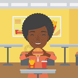 一位非美女在咖啡馆背景矢量平面设计图上吃汉堡图片