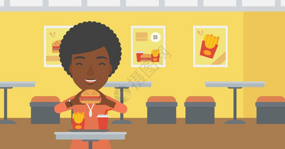 一位非美女在咖啡馆背景矢量平面设计图上吃汉堡图片
