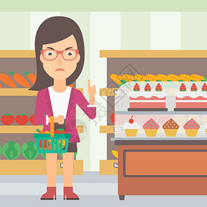一名持有篮子健康食品的妇女拒绝在超市背景矢量平板设计图上提供垃圾食品图片