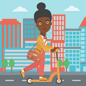 一名非洲美妇女骑着公事包在城市背景矢量平面设计图示上工作图片