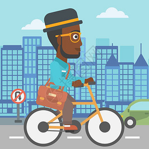 一名携带公文包的非洲美国人骑着公文包车从事城市背景矢量平面设计插图方形布局人骑自行车工作图片