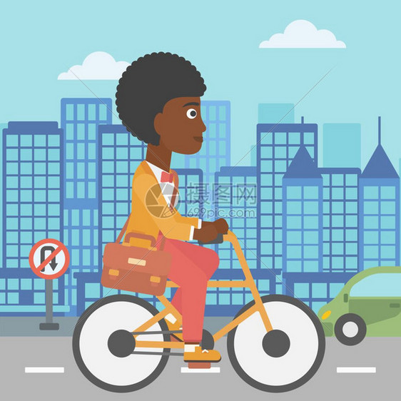 一名拥有公文包的非洲美妇女骑着公文包从事城市背景矢量平面设计插图广场布局妇女骑自行车上班图片