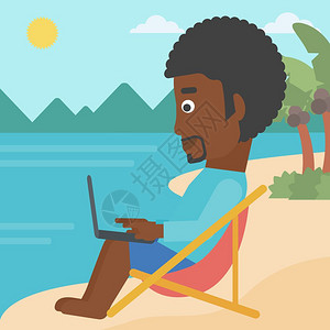 一名非裔美国人商坐在沙滩上发休息室的滩上在笔记本电脑矢量平面设计图上工作图片