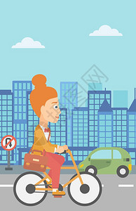 一名携带公事包骑车的女在城市背景矢量平板设计图上工作垂直布局妇女骑自行车上班图片