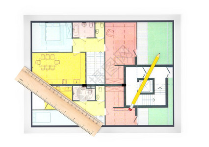 房间平面图用铅笔和白背景的鲁勒看着房子的平面图背景