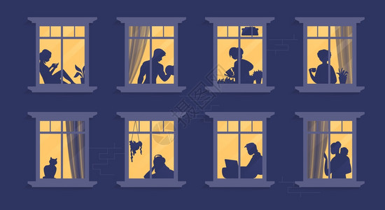 窗口中的邻居在公寓阅读书做饭看电视一起度过时间的漫画人物矢量显示晚上的家庭场景窗外的轮廓或影子人在公寓阅读书看电视和一起度过时间背景图片