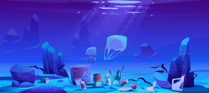 卡通海洋,海洋污染塑料垃圾插画