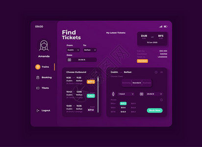 找到入场券应用程序平板接口矢量模移动应用程序页面夜间模式设计布局用户账带有旅行列表屏幕用于应程序的平面ui便携式设备显示图片