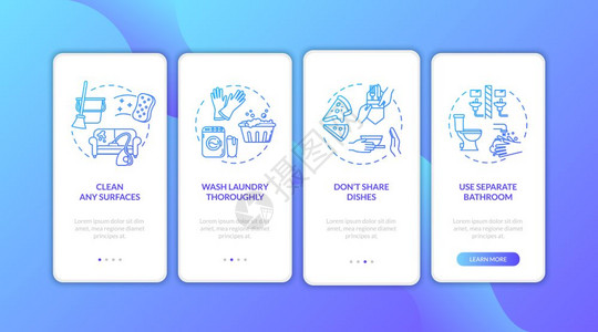 包含概念的移动应用程序页面屏幕上的家庭工作提示清洁表面分开的卫生间横穿四步的图形指示ui矢量模板配有rgb颜色插图图片