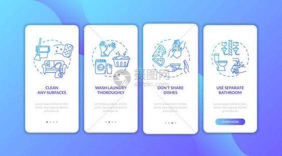包含概念的移动应用程序页面屏幕上的家庭工作提示清洁表面分开的卫生间横穿四步的图形指示ui矢量模板配有rgb颜色插图图片