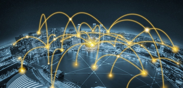 地球科技现代创造电信和互联网络连接在智能城市5g无线数字连接的概念和事物未来的互联网背景
