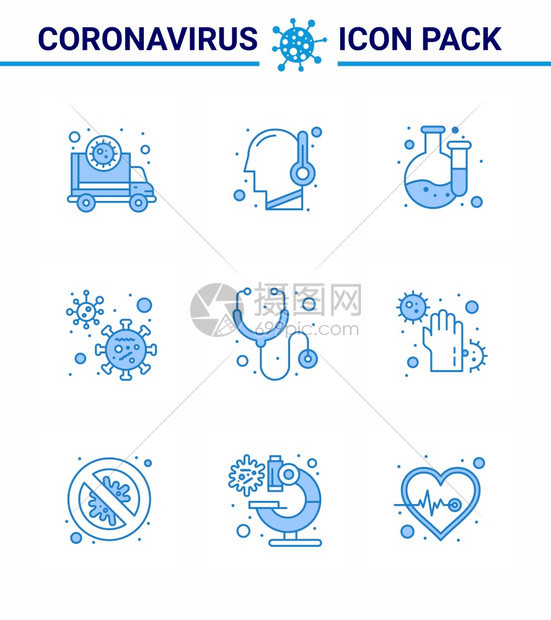 9个蓝冠状图标包如医疗温度covid冠状2019Nov病媒设计要素图片