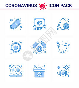 9个蓝冠状大流行媒图解水血液健康苹果共冠状2019Nov病媒设计要素图片